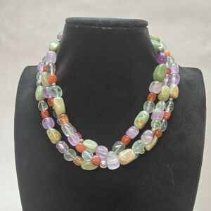 Vintage 925 Sterling Silver  triple-strand Multicolor Beaded 18" Necklace